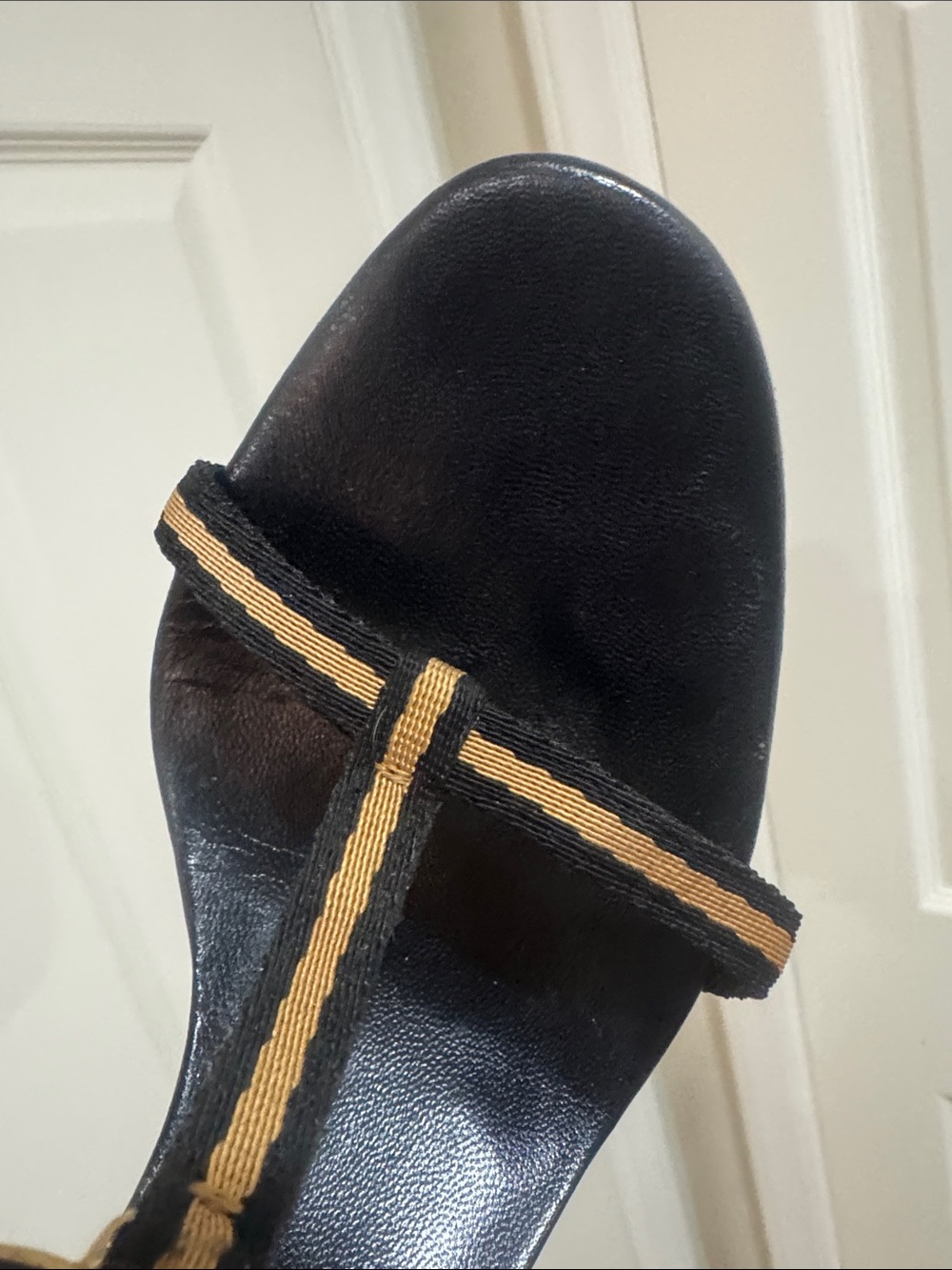 Gucci/Black Leather/Gold FabricT-Strap Heels/Buckle @ Ankle/GOLD GG Accent! 6.5! - Picture 11 of 16